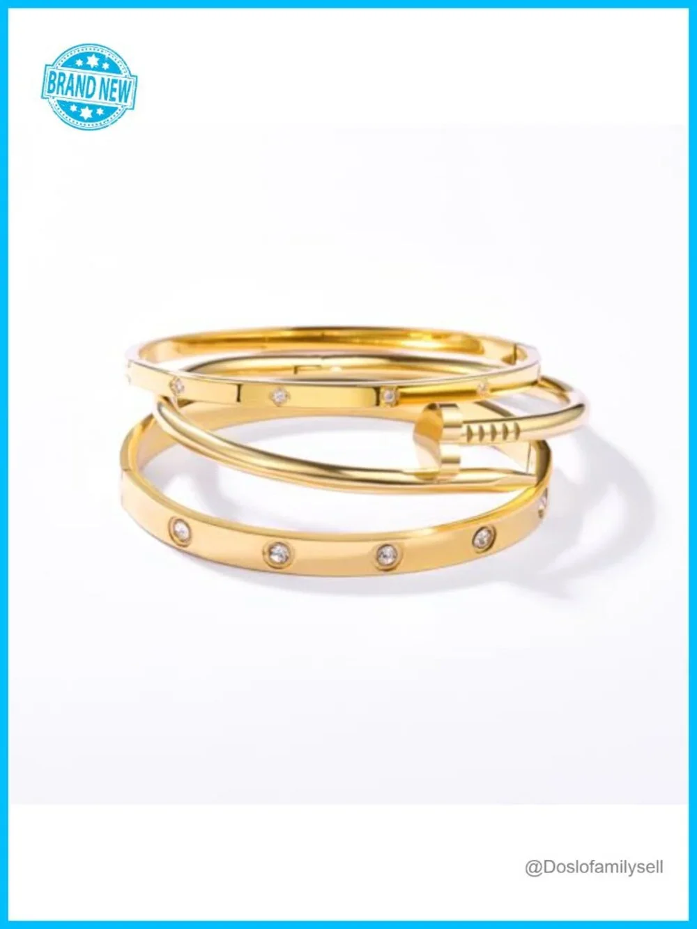 Stackable Love Nail Bangle Bracelet Set 18K Gold Plated Stainless Steel